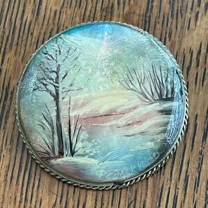 Hand-Painted Winter Scene Brooch from Russia. I think it’s painted on a shell.